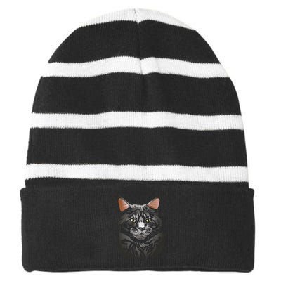 British Maine Coon Cat Portrait Striped Beanie with Solid Band