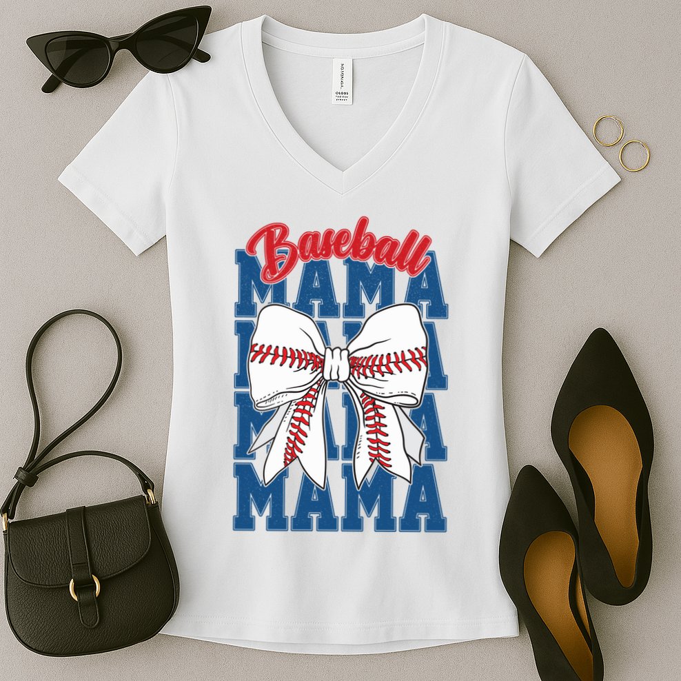 Baseball Mama Coquette Bow Game Day Baseball Mom Mother Women's V-Neck T-Shirt
