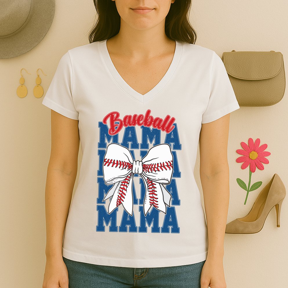Baseball Mama Coquette Bow Game Day Baseball Mom Mother Women's V-Neck T-Shirt