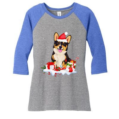 Blue Merle Cardigan Corgi Christmas Santa Hat Love Corgi Women's Tri-Blend 3/4-Sleeve Raglan Shirt