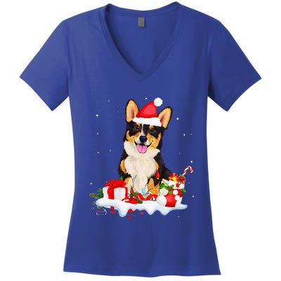 Blue Merle Cardigan Corgi Christmas Santa Hat Love Corgi Women's V-Neck T-Shirt