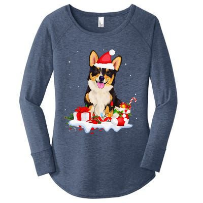 Blue Merle Cardigan Corgi Christmas Santa Hat Love Corgi Women's Perfect Tri Tunic Long Sleeve Shirt