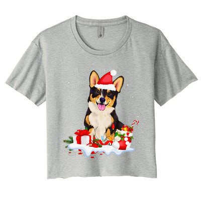 Blue Merle Cardigan Corgi Christmas Santa Hat Love Corgi Women's Crop Top Tee