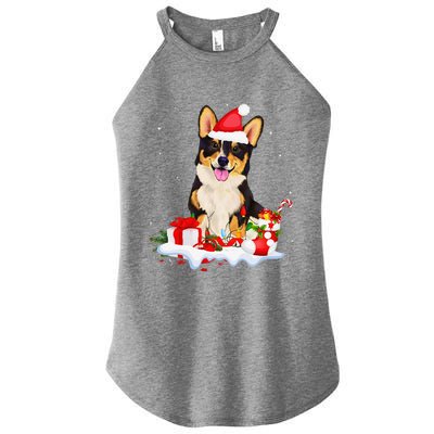 Blue Merle Cardigan Corgi Christmas Santa Hat Love Corgi Women's Perfect Tri Rocker Tank