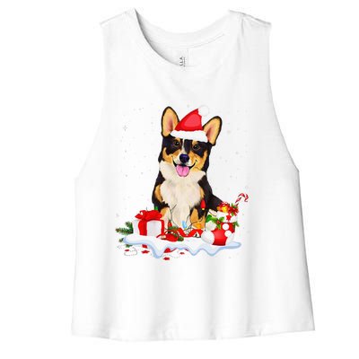 Blue Merle Cardigan Corgi Christmas Santa Hat Love Corgi Women's Racerback Cropped Tank