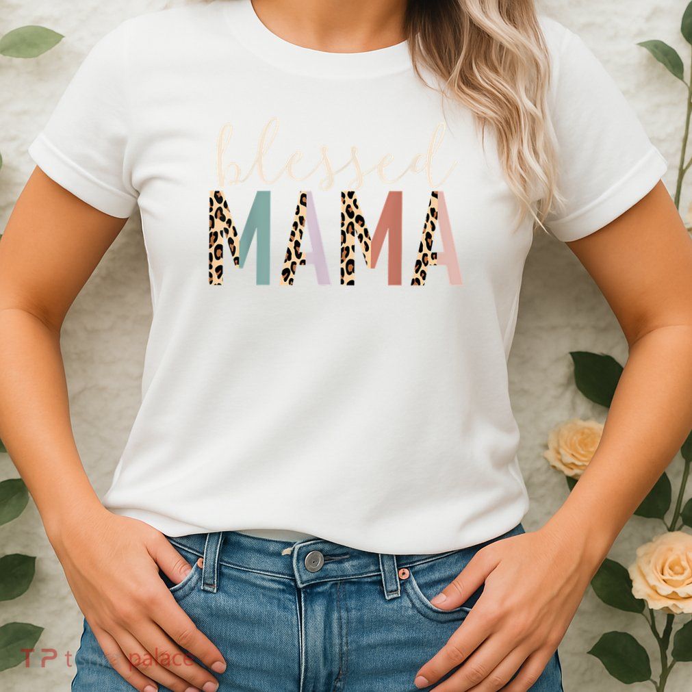 Blessed Mama Cute Leopard Print Womens T-Shirt
