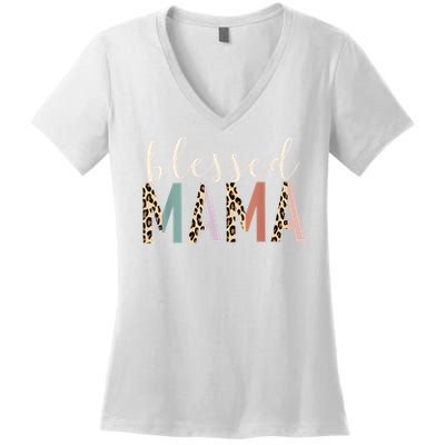 Blessed Mama Cute Leopard Print Women's V-Neck T-Shirt