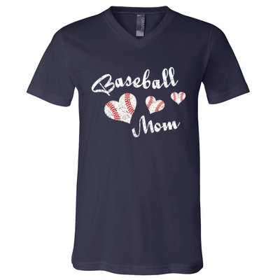 Baseball Mom | Cute Baseball Graphic Mom Hearts V-Neck T-Shirt