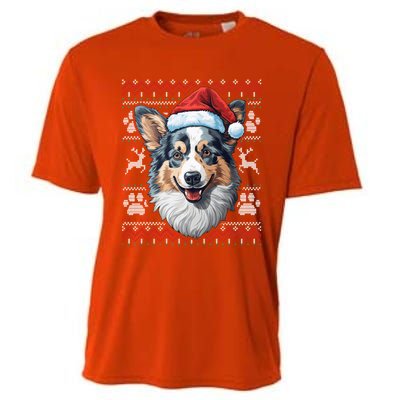 Blue Merle Corgi Santa Hat Christmas Funny Dog Mom Dad Cute Gift Cooling Performance Crew T-Shirt