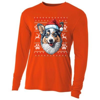 Blue Merle Corgi Santa Hat Christmas Funny Dog Mom Dad Cute Gift Cooling Performance Long Sleeve Crew