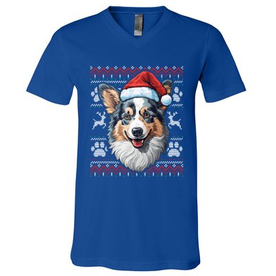 Blue Merle Corgi Santa Hat Christmas Funny Dog Mom Dad Cute Gift V-Neck T-Shirt