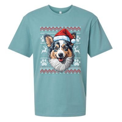 Blue Merle Corgi Santa Hat Christmas Funny Dog Mom Dad Cute Gift Sueded Cloud Jersey T-Shirt