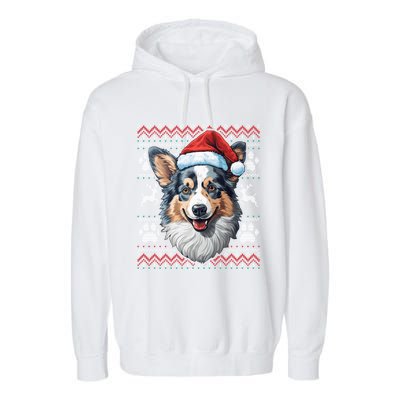 Blue Merle Corgi Santa Hat Christmas Funny Dog Mom Dad Cute Gift Garment-Dyed Fleece Hoodie