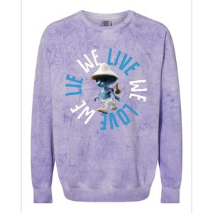 Blue Mushroom Cat Meme We Live We Love We Lie Colorblast Crewneck Sweatshirt