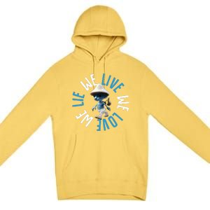 Blue Mushroom Cat Meme We Live We Love We Lie Premium Pullover Hoodie