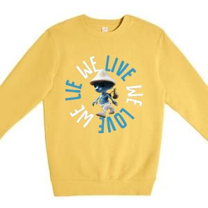 Blue Mushroom Cat Meme We Live We Love We Lie Premium Crewneck Sweatshirt