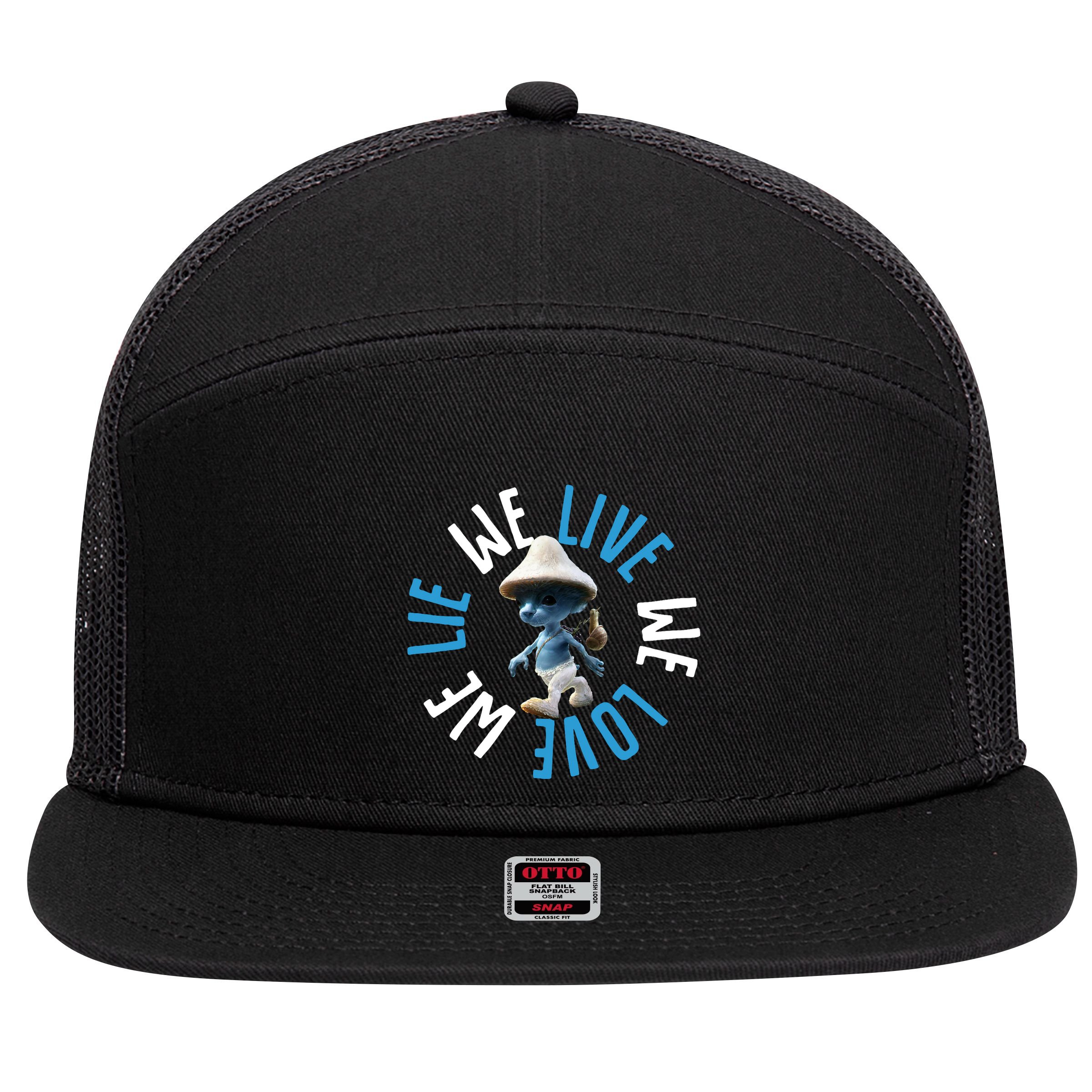 Blue Mushroom Cat Meme We Live We Love We Lie 7 Panel Mesh Trucker Snapback Hat