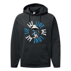 Blue Mushroom Cat Meme We Live We Love We Lie Performance Fleece Hoodie