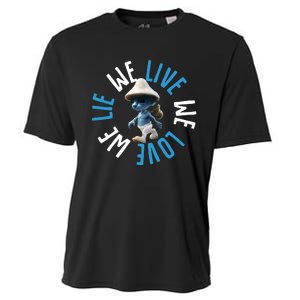 Blue Mushroom Cat Meme We Live We Love We Lie Cooling Performance Crew T-Shirt