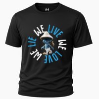 Blue Mushroom Cat Meme We Live We Love We Lie Cooling Performance Crew T-Shirt