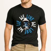 Blue Mushroom Cat Meme We Live We Love We Lie Cooling Performance Crew T-Shirt