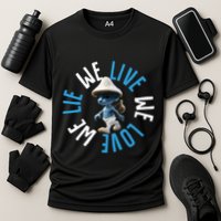 Blue Mushroom Cat Meme We Live We Love We Lie Cooling Performance Crew T-Shirt