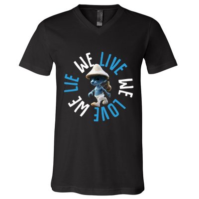 Blue Mushroom Cat Meme We Live We Love We Lie V-Neck T-Shirt