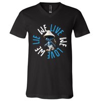 Blue Mushroom Cat Meme We Live We Love We Lie V-Neck T-Shirt