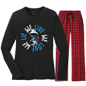 Blue Mushroom Cat Meme We Live We Love We Lie Women's Long Sleeve Flannel Pajama Set 