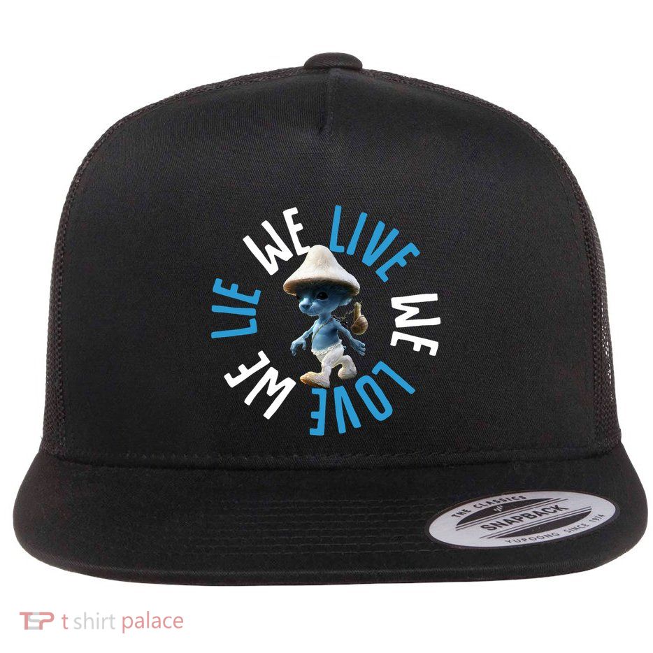 Blue Mushroom Cat Meme We Live We Love We Lie Flatbill Hat