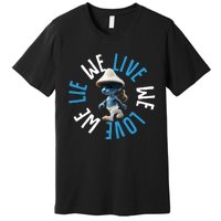 Blue Mushroom Cat Meme We Live We Love We Lie Premium T-Shirt