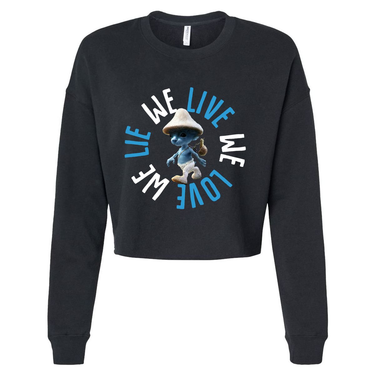 Blue Mushroom Cat Meme We Live We Love We Lie Cropped Pullover Crew