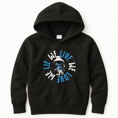 Blue Mushroom Cat Meme We Live We Love We Lie Kids Hoodie