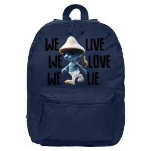 Blue Mushroom Cat Meme We Live We Love We Lie Funny Meme Design 16 in Basic Backpack