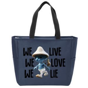 Blue Mushroom Cat Meme We Live We Love We Lie Funny Meme Design Zip Tote Bag