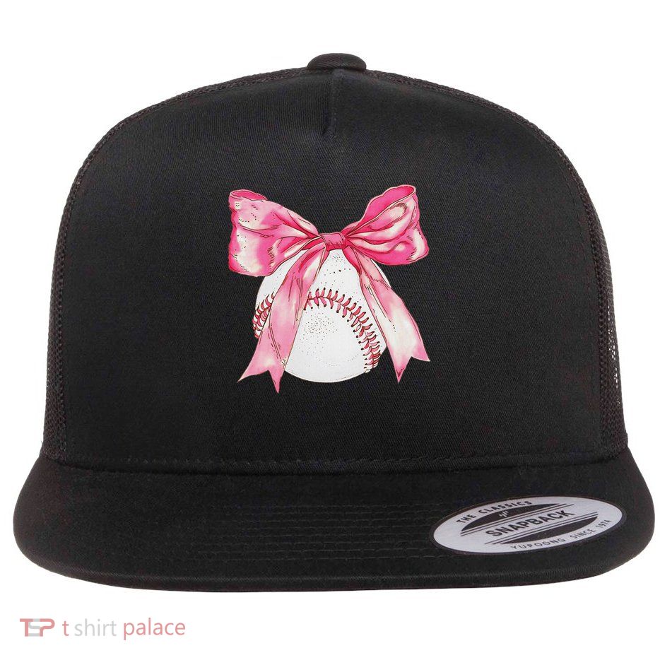 Baseball Mom Coquette Pink Bow Mothers Day Baseball Mama Flat Bill Trucker Hat
