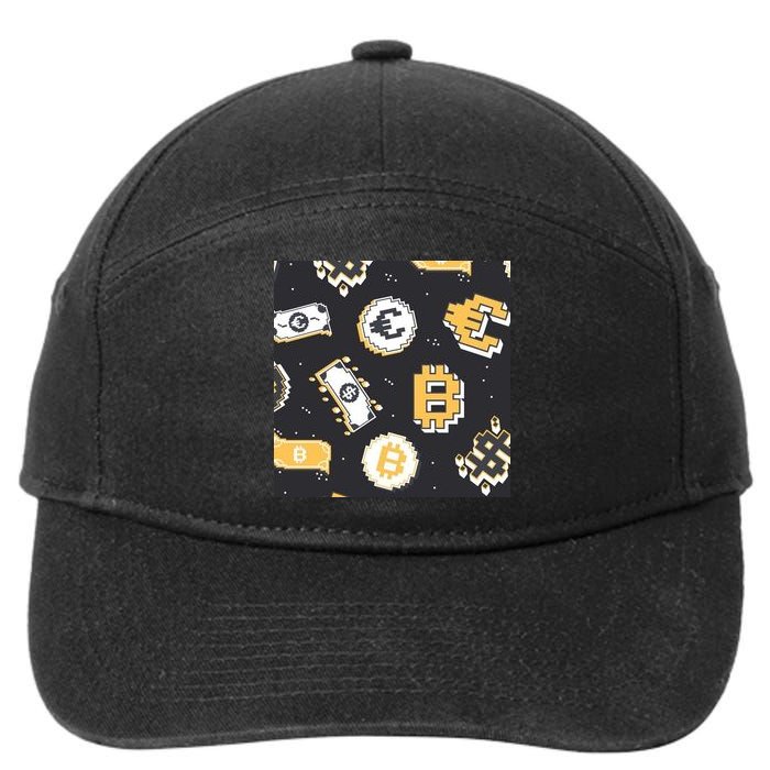 Bitcoin Money Currency Pixel 7-Panel Snapback Hat