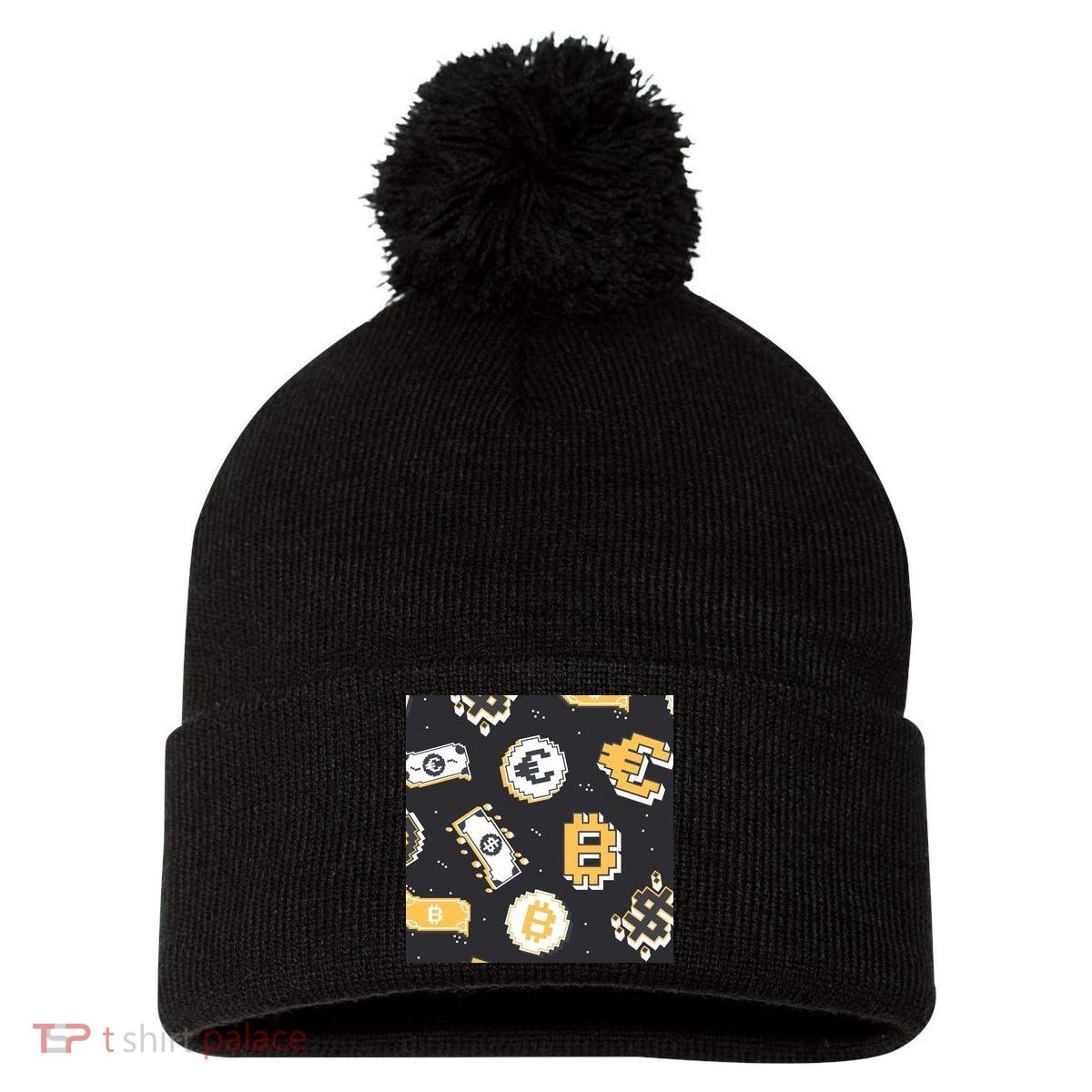 Bitcoin Money Currency Pixel Pom Pom 12in Knit Beanie