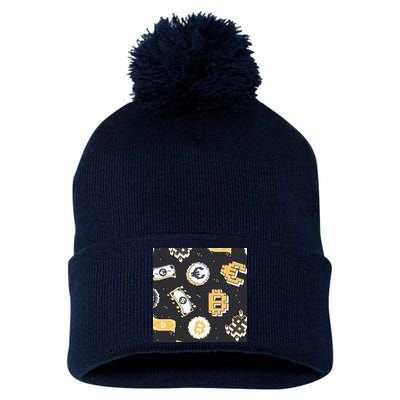 Bitcoin Money Currency Pixel Pom Pom 12in Knit Beanie