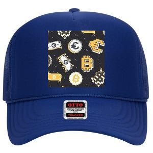 Bitcoin Money Currency Pixel High Crown Mesh Back Trucker Hat