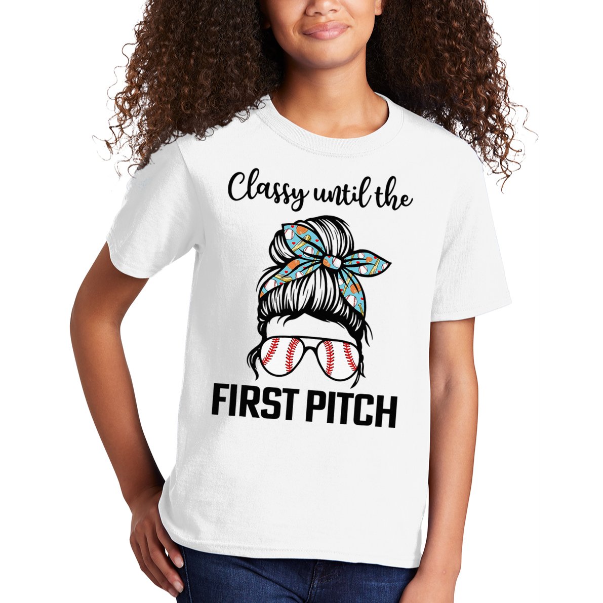 Baseball Mom Classy Until The First Pitch Messy Hair Kids T-Shirt