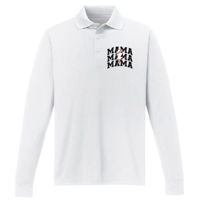 baseball Mama Distressed Lightning Bolt Mom Performance Long Sleeve Polo