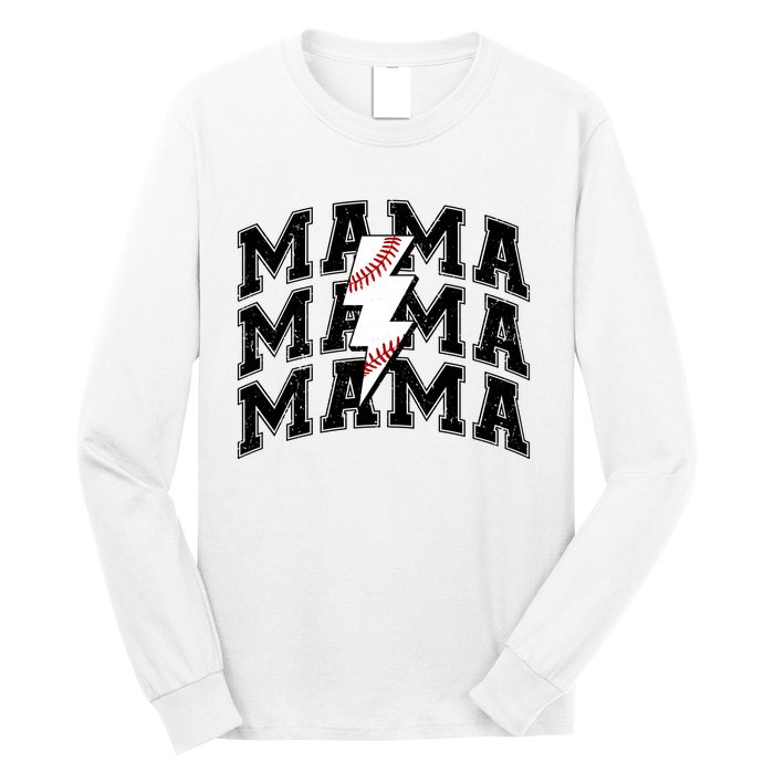 baseball Mama Distressed Lightning Bolt Mom Long Sleeve Shirt