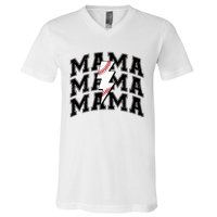 baseball Mama Distressed Lightning Bolt Mom V-Neck T-Shirt