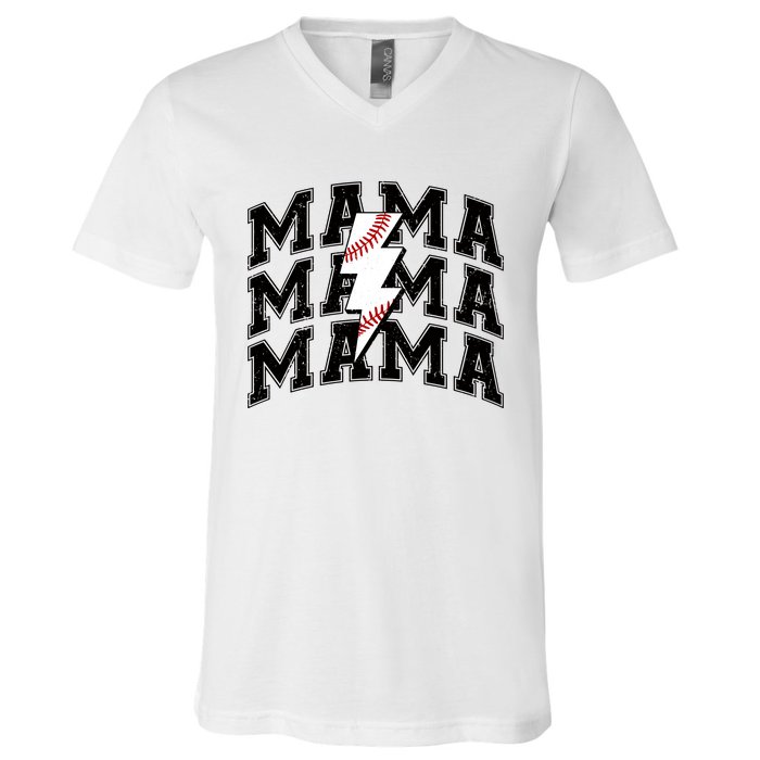 baseball Mama Distressed Lightning Bolt Mom V-Neck T-Shirt