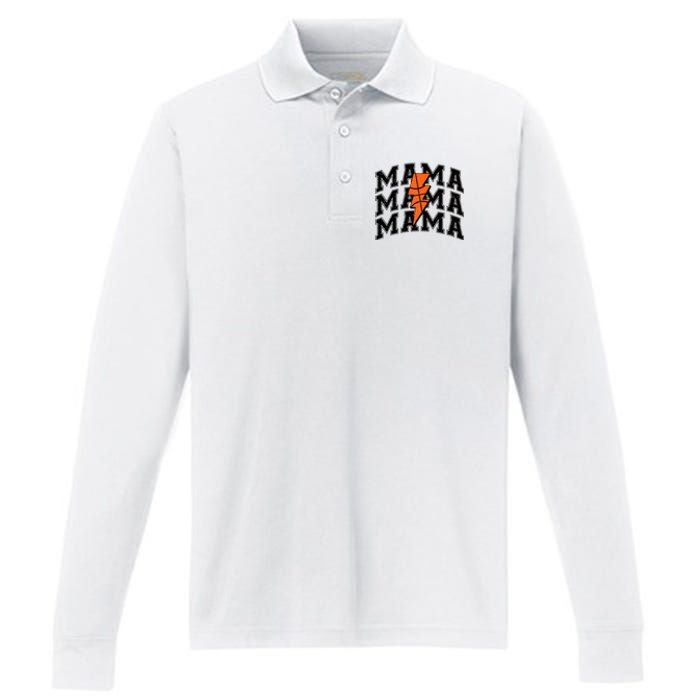 Basketball Mama Distressed Lightning Bolt Mom Performance Long Sleeve Polo