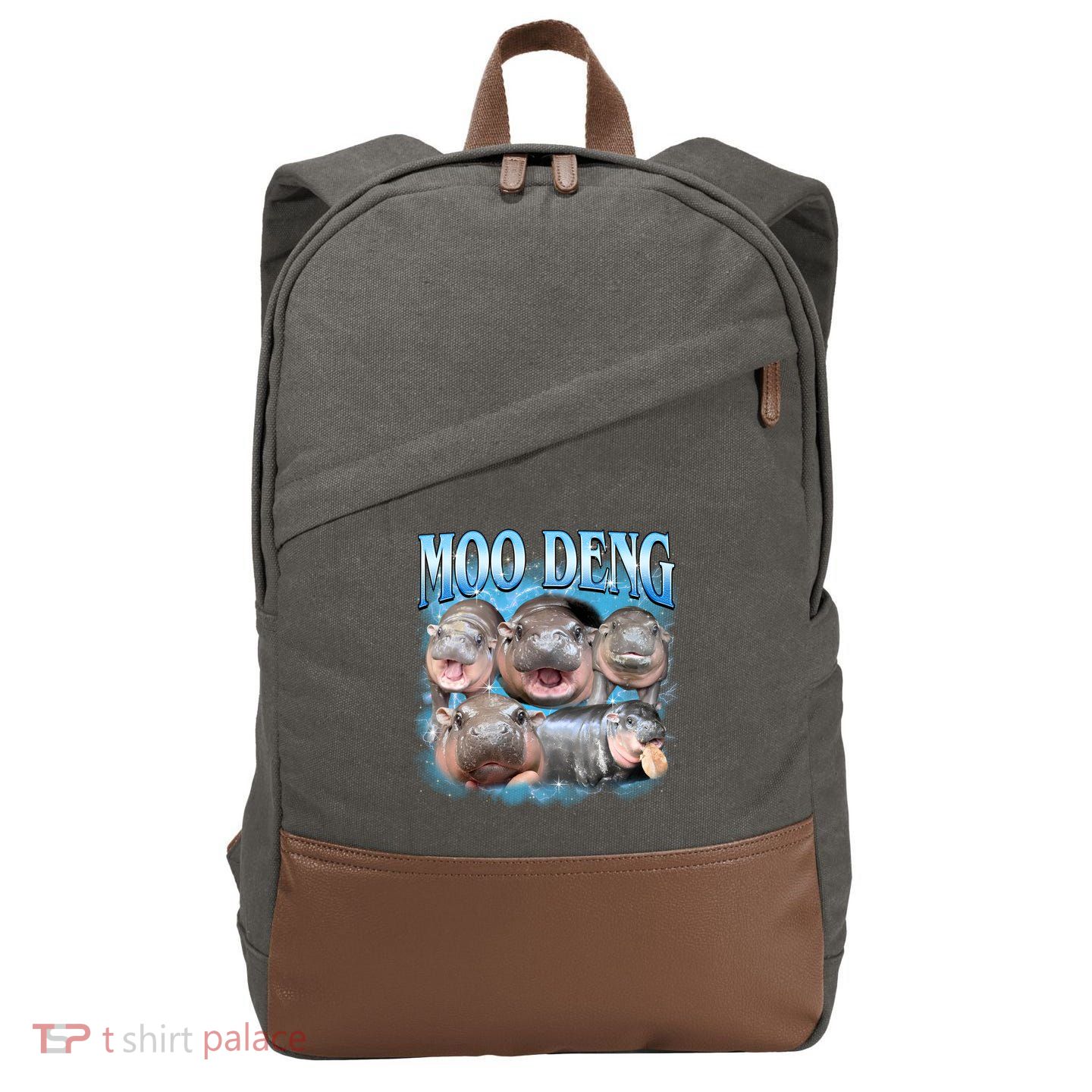 Blue Moo Deng Meme Hippo Funny Cotton Canvas Backpack