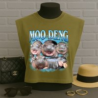 Blue Moo Deng Meme Hippo Funny Garment-Dyed Women's Muscle Tee
