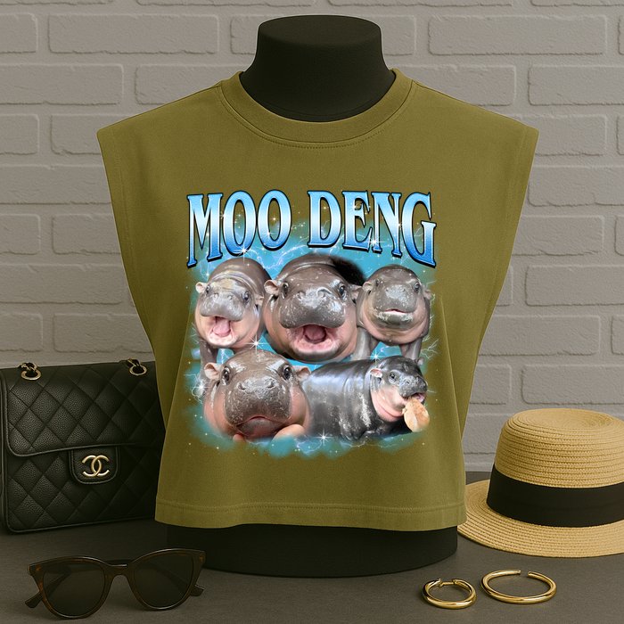 Blue Moo Deng Meme Hippo Funny Garment-Dyed Women's Muscle Tee