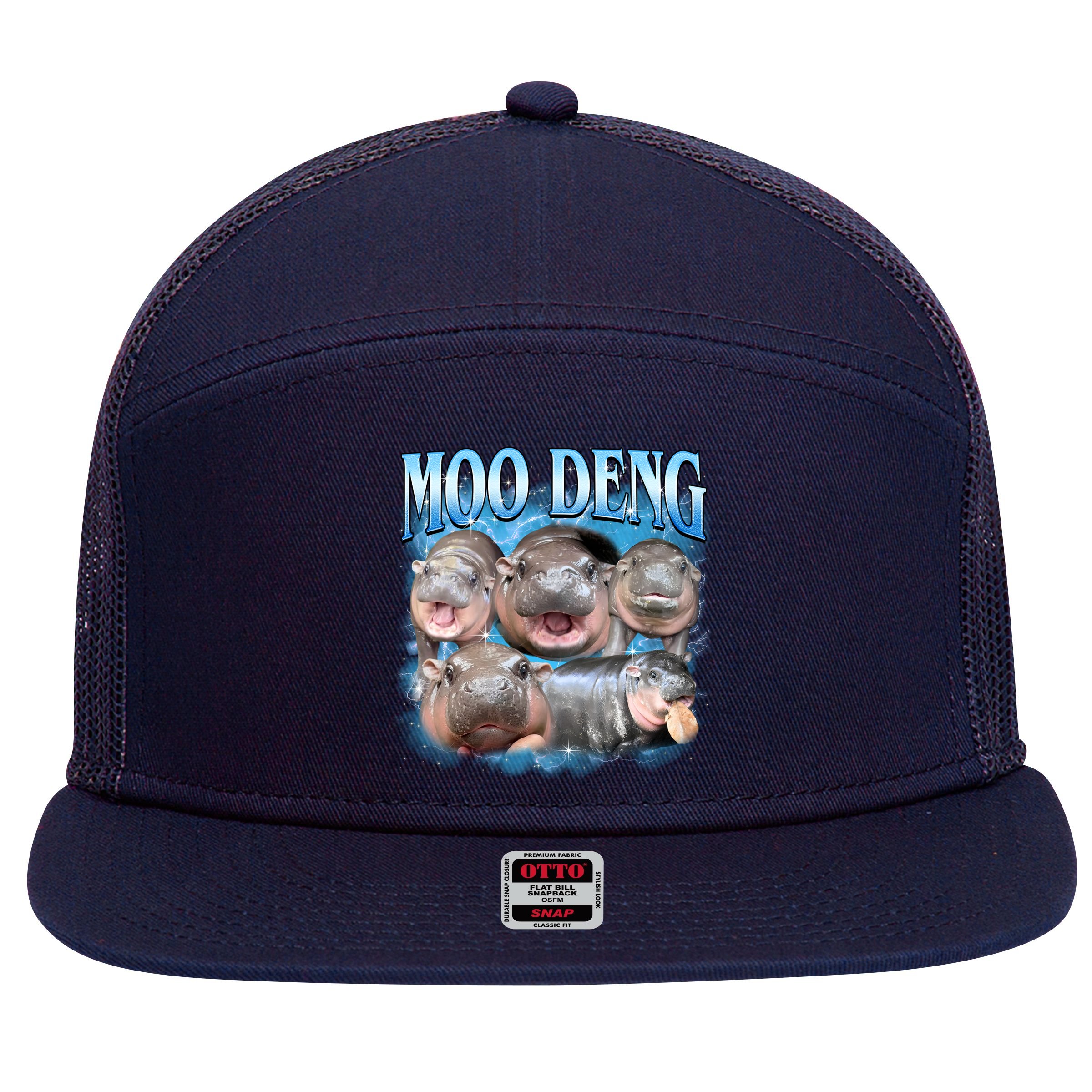 Blue Moo Deng Meme Hippo Funny 7 Panel Mesh Trucker Snapback Hat